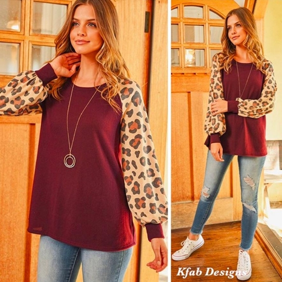 Puff Contrast Leopard Brushed Fabric Top - Picture 2 of 8